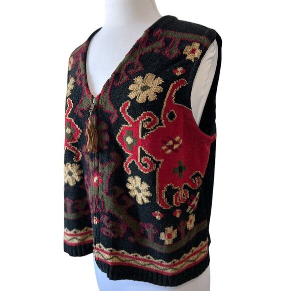 Vintage 90s Black Red Boho Batik Full Zip Sweater Vest Women's XL - Picture 2 of 6